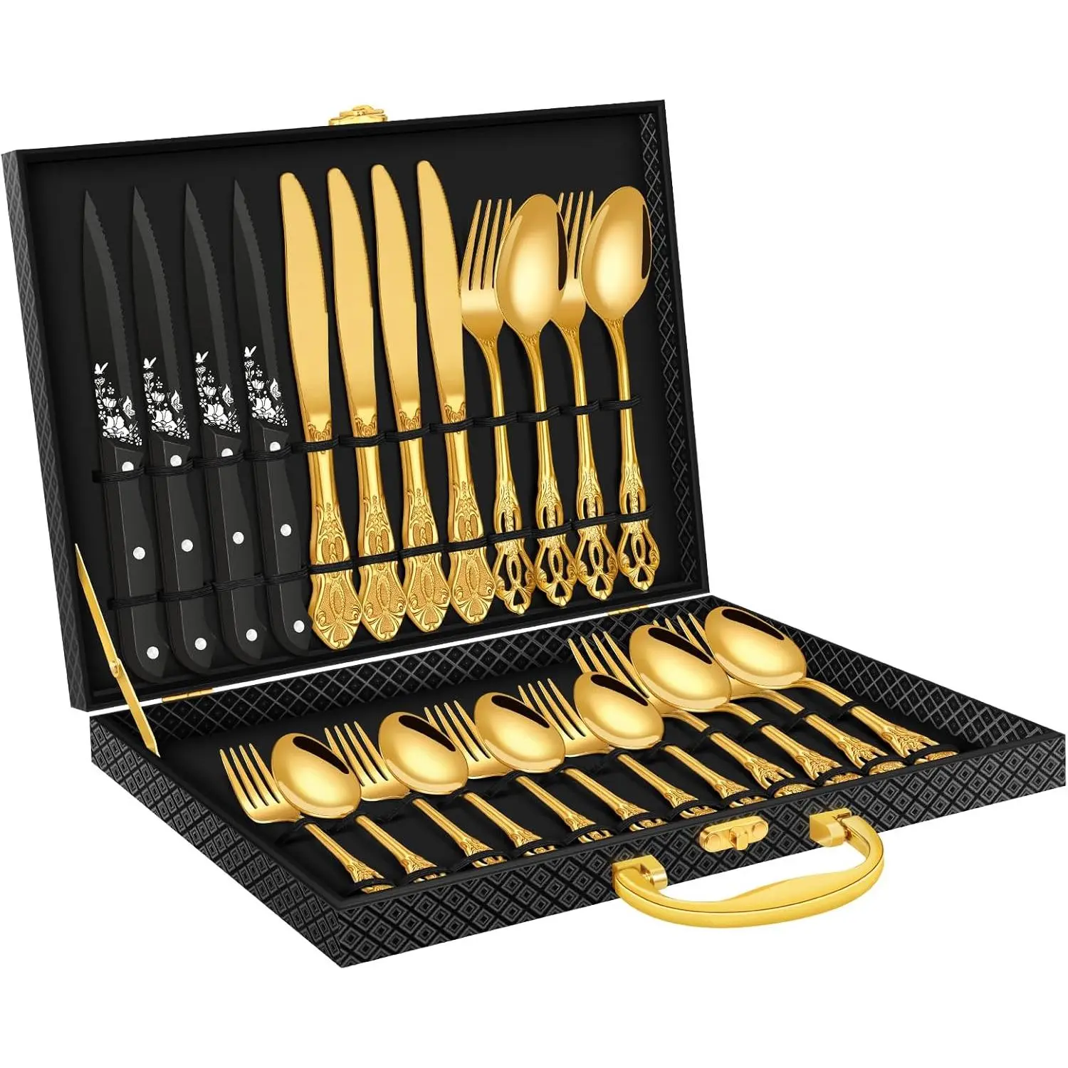 Gold Silverware set with Steak Knives,  24 count Retro Royal Flatware Set for 4 with Box, Food-Grade Stainless Steel Utensil Sets Includes Spoons Forks and Knives, Mirror Finish Dishwasher Safe