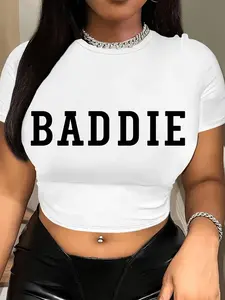 Women's Letter Print Round Neck Fitted Crop Tee, Casual Chic Short Sleeve Crew Neck Breathable T-Shirt for Summer, Streetwear Women's Top for Daily Wear, Everyday, Fashion, Style