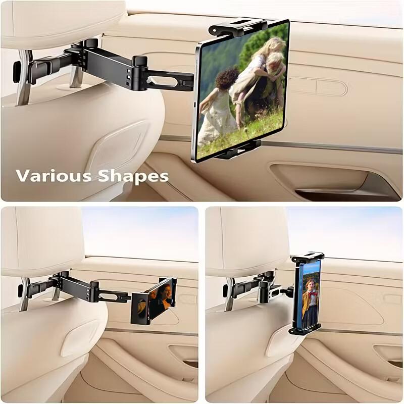 3In1 Car Headrest Tablet Holder for iPad/Phones, 360° Rotating Adjustable Trip Essentials, Black Color, ABS Material, Universal Fit for 4.7-11 Inch Devices, Easy Installation