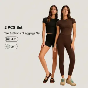 GLOWMODE Everyday Glow 2PCS Stretchy Short-Sleeve Top & FeatherFit Shorts / Leggings Set Low Impact Daily Casual Street Wear