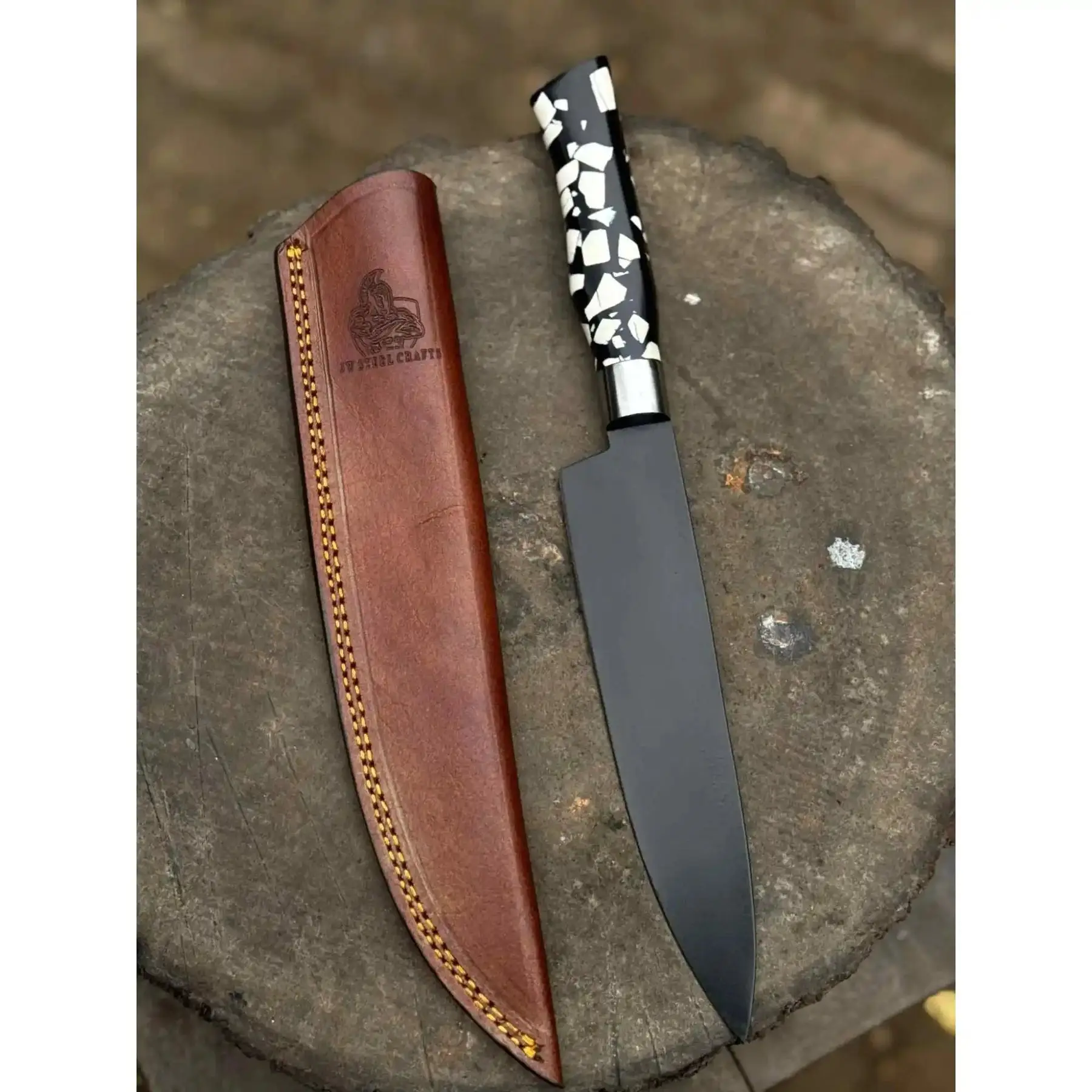JW SteelCrafts Wood-Handle Full Tang Black Blade Chef Knife with Custom Design & Leather Sheath, Premium Kitchen Knives for Home Cooking