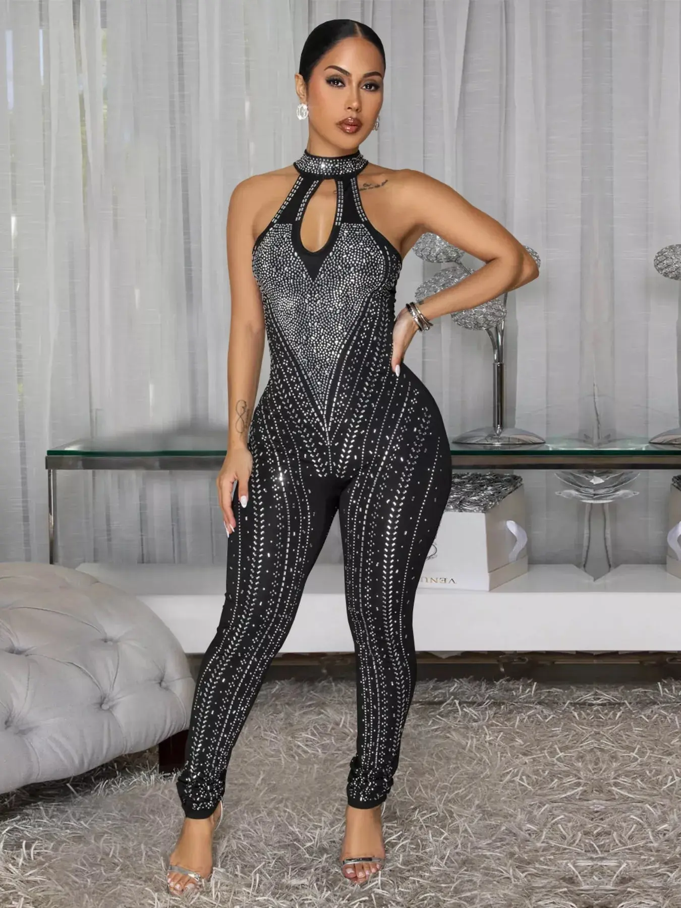 Sparkling Rhinestone Cutout Jumpsuit