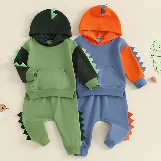 Toddler Boy Dinosaur Outfits, Contrast Color Long Sleeve Hoodie Elastic Waist Pants 2 Piece Set for Fall
