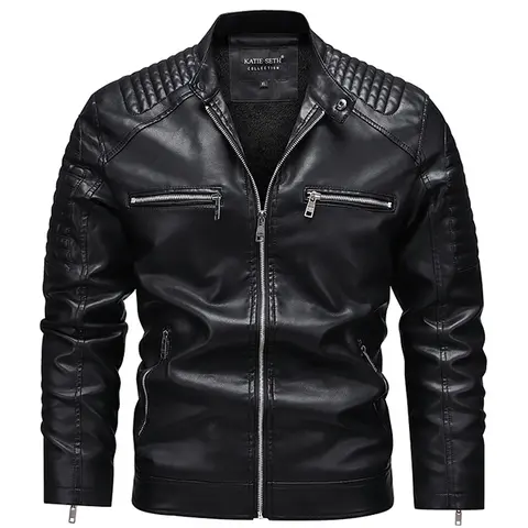 Men's Black & Khaki Plain PU Leather Jacket - Menswear Top Coat with Quilted Shoulder Seams, Multiple Zipper Pockets, Long Sleeves, Classic Edgy Biker Streetwear for Casual Fitted Woven Looks