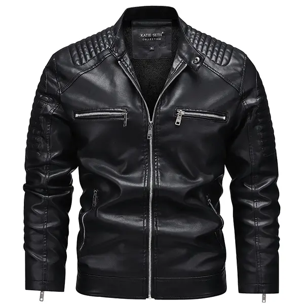 Men's Black & Khaki Plain PU Leather Jacket - Menswear Top Coat with Quilted Shoulder Seams, Multiple Zipper Pockets, Long Sleeves, Classic Edgy Biker Streetwear for Casual Fitted Woven Looks,sohochic