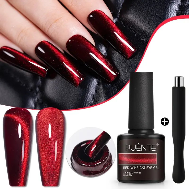 Puente 7.5ML Red Wine Cat Eye Gel Nail Polish, Super Shiny Gemstone Magnetic Nail Gel with Magnet, Long Lasting, Easy to Apply, UV Light Gel, SOAK OFF UV LED  Magnetic Nail Polish Salon DIY at Home, Gel Nail Art, DIY Manicure
