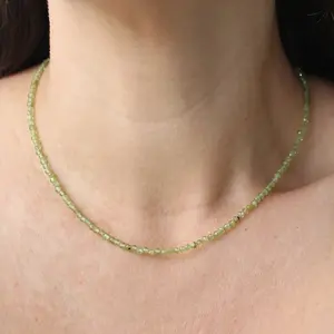 Aug Birthstone Natural Dainty Green Peridot 2mm Tiny Beads Choker Minimalist Crystal Healing Natural Stone Necklace Gift For Her