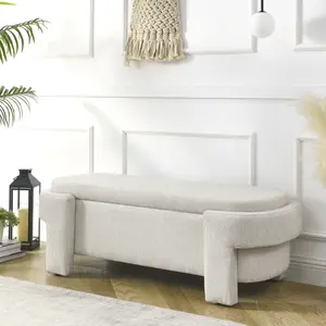 51 Inch Linen Upholstered Bench - Beige Storage Ottoman with Lift Top for Living Room, Bedroom or Entryway (51x20x17 Inches)