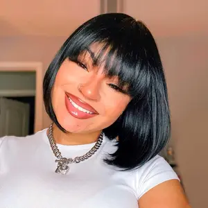 Short Bob Wigs with Bangs - 10 Inch Jet Black Yaki Straight Hair Daily Costume Wig for Black Women, Soft Light Synthetic Hair Replacement Wigs Heat Resistant