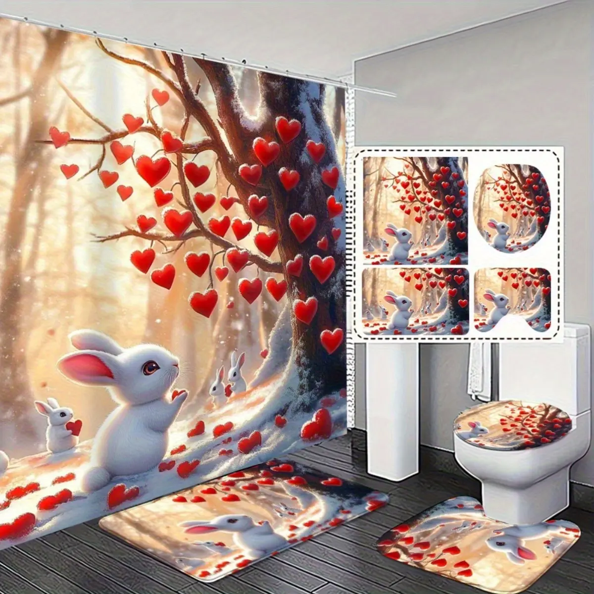 4pcs. Elegant and Stylish Heart-Themed Shower Curtain Set - and Anti-Slip Bath Mat for a Romantic Bathroom Decor - Perfect Mother'S Day Gift to Express Your Love Exquisite and Practical Home Decoration Gif
