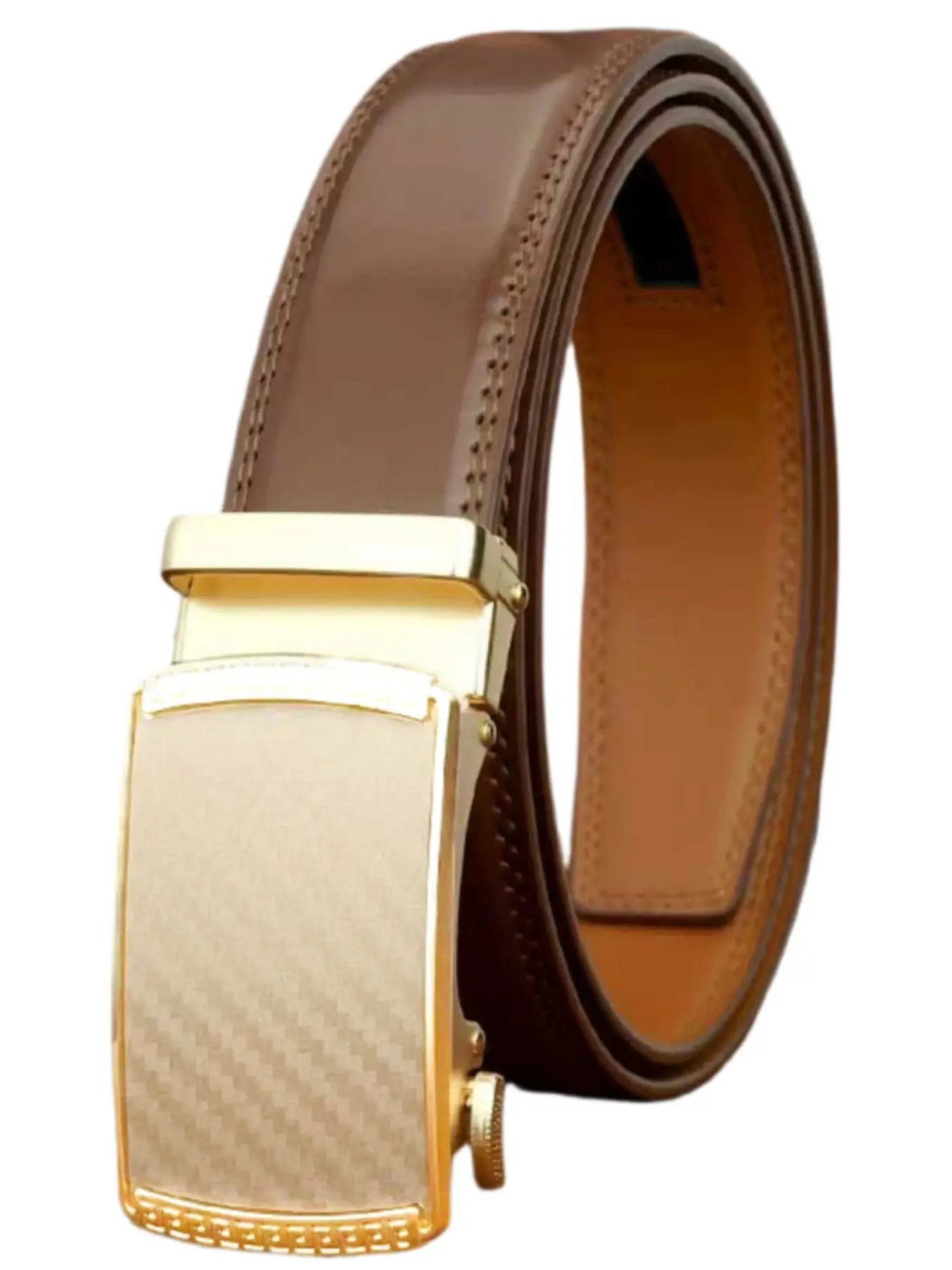 The men's Business Casual belt, Belt with buckle, made of layered leather and features a textured metal buckle, available in two styles, black textured and brown smooth, suitable for various occasions such as meetings, dates