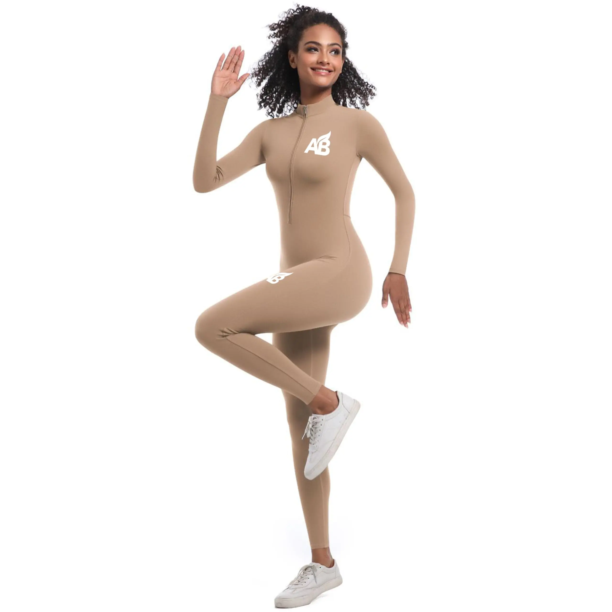 Women's Fitted Stretch Athletic Jumpsuit - Long Sleeve, Zip-Up Neck, Full Length, Long-Lasting Durable Activewear with Zipper Fly for Yoga, Fitness
