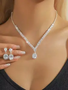 Elegant Artificial Zircon Decorated Necklace & Earrings, Zirconia Jewelry Set, Fashion Jewelry for Party, Daily Clothing Decor, Trendy All-match & Exquisite Jewelry for Birthday Gift