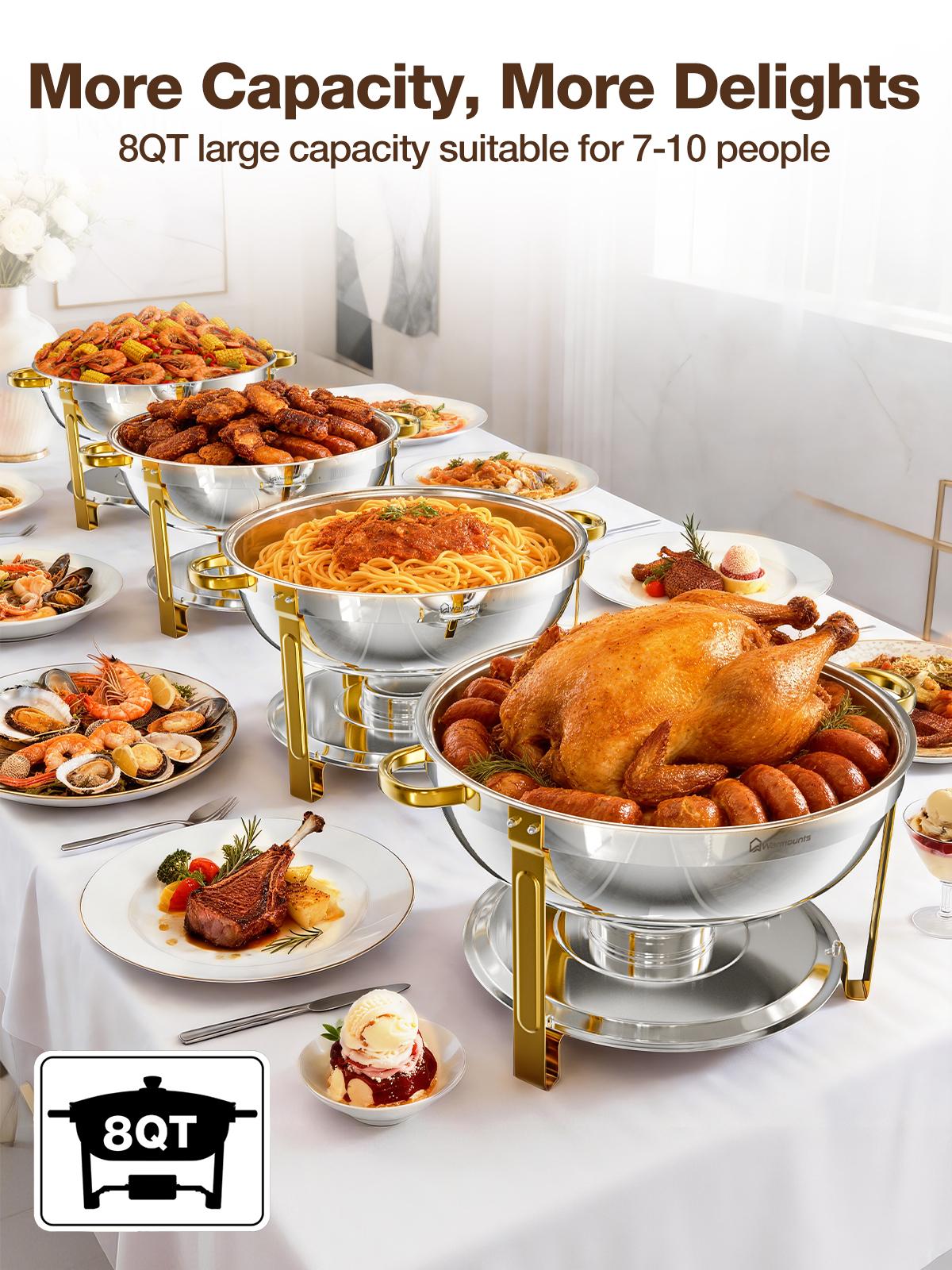 WARMOUNTS 8QT Gold Chafing Dishes for Buffet with Glass Lid , Round Chafers and Buffet Warmers Set with Mirror-Polished Stainless Steel, Rolled Rim, Stackable, Lid Holder for Parties, Weddings, Easter, Gatherings (2/4 Pack）