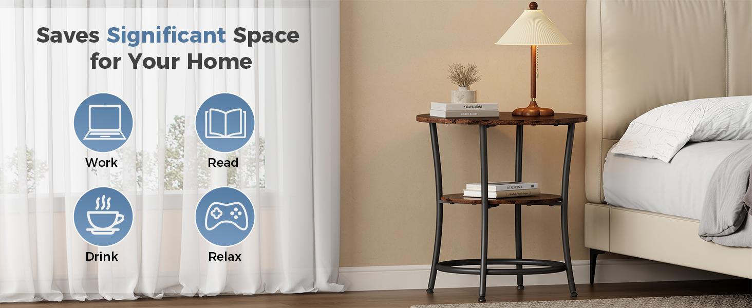 2-Tier Side Round Table for Living Room, Accent End Table with Storage Shelf,Sturdy Metal Frame Nightstand for Small Space, Round Bedside