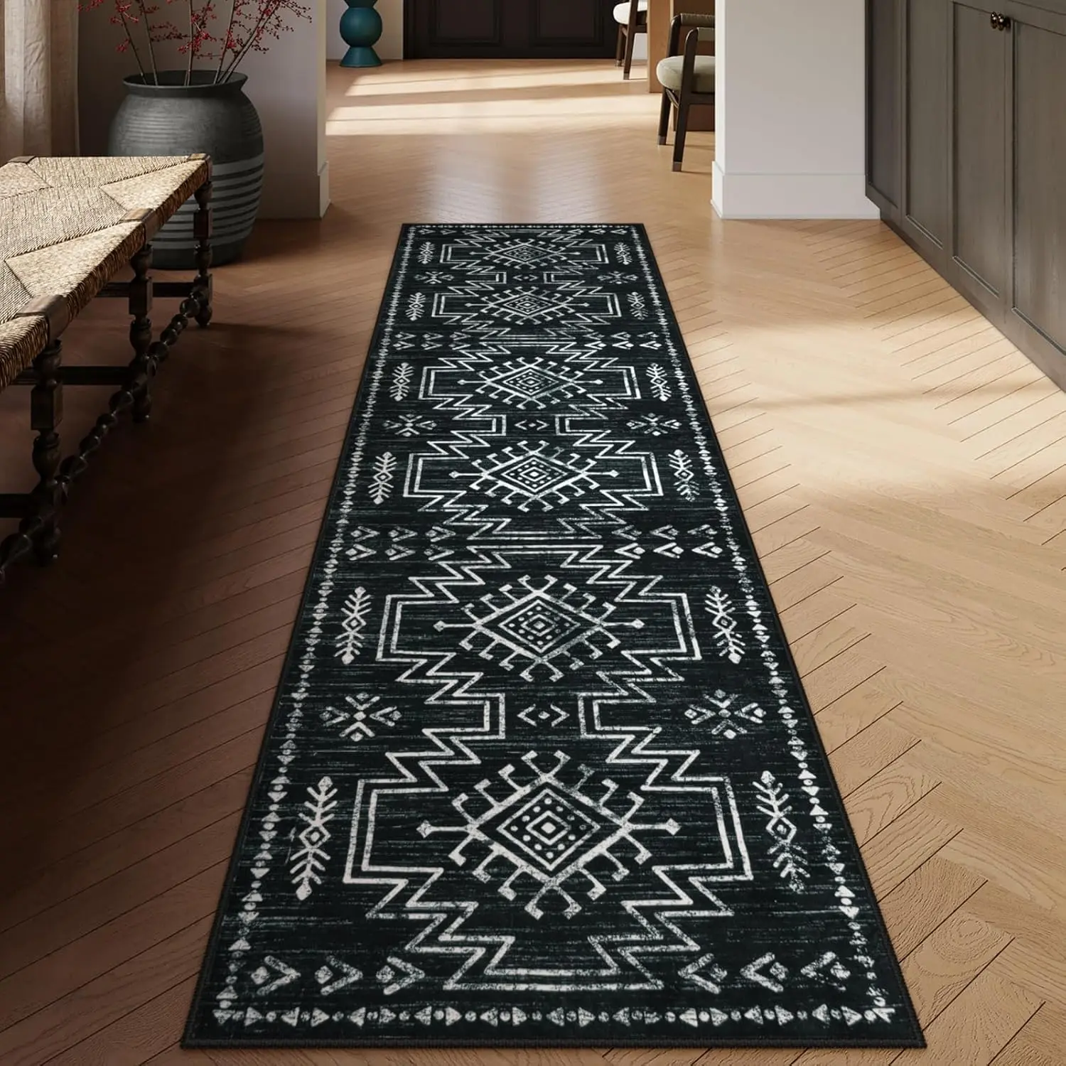 Black Moroccan Vibe Aztec Runner Rug - Synthetic Fiber, Non-Slip, Stain Resistant, Boho Low Pile, Machine Washable for Entryway Use (2'5''X8''')