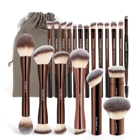 MAANGE 20-Piece Professional Cosmetic Brush Sets & Kits, Coffee Brown Assorted Brushes for Powder, Liquid, Cream Face Makeup, Ideal for Beginners