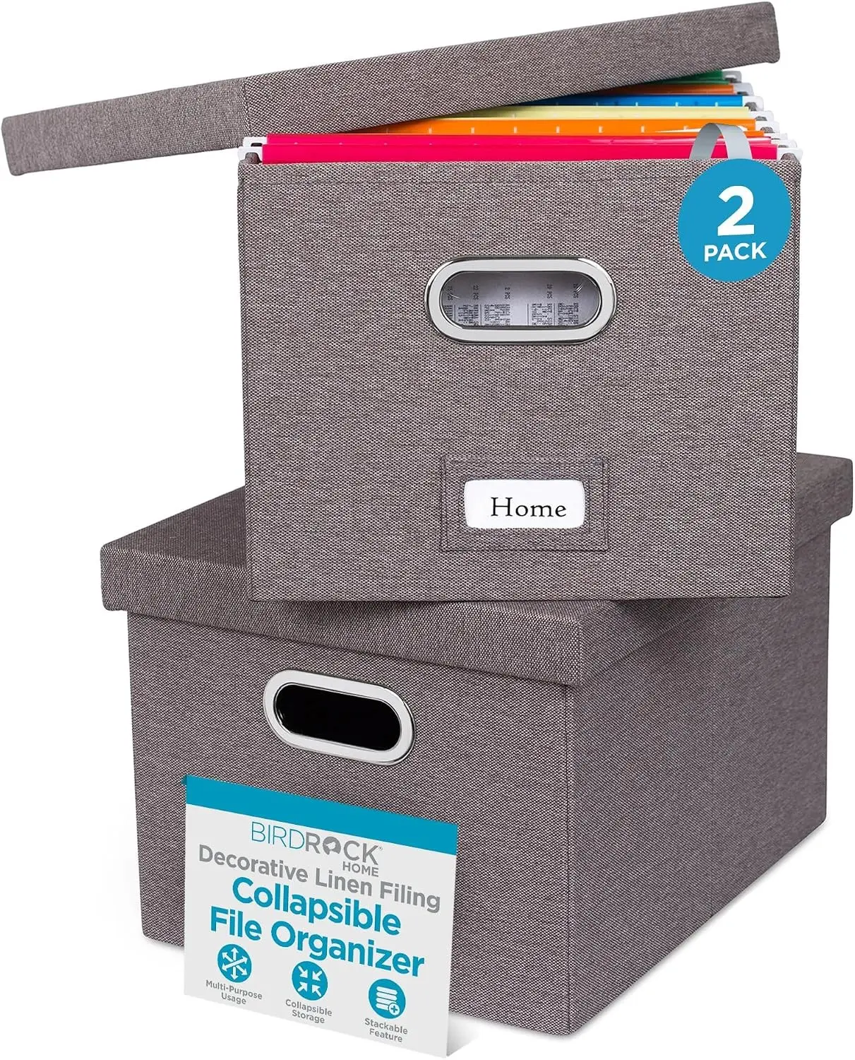 Internet's Best Collapsible File Storage Organizer with Lid - Decorative Linen Filing & Storage Office Box – Hanging Letter/Legal Folder – Home Office Bins Cabinet – Grey Container - 2 Pack