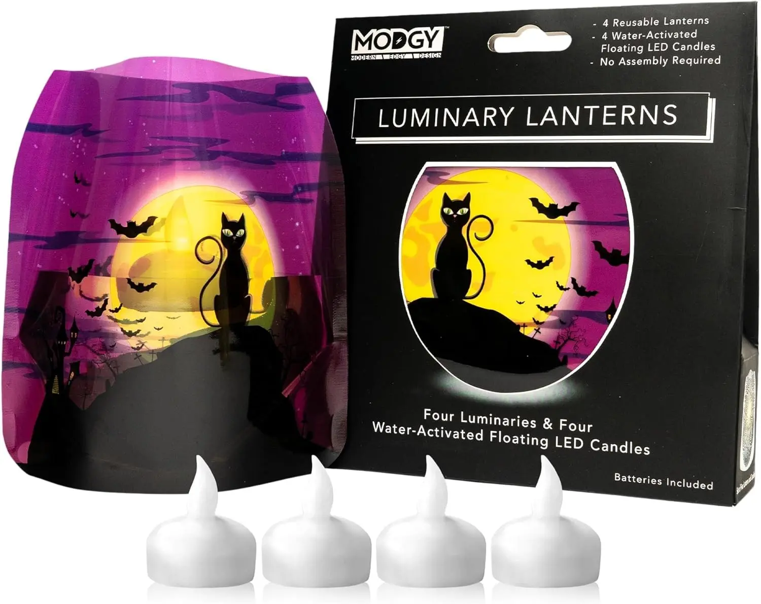 Halloween Candle Holders with Flameless Floating LED Candles 4-Pack, Indoor Outdoor Decor for Parties Home Windows Mantels Table Centerpiece, Salem