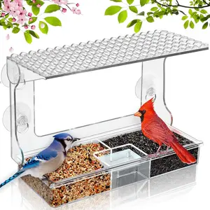 Window Bird Feeder for Outdoors with Strong Suction Cups, Acrylic Clear Window Bird Feeders for Viewing with Large Capacity Detachable Seed & Water Tray