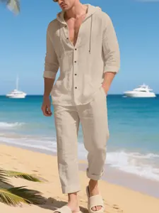 Men's High-Quality Linen Hooded Set, Spring & Fall Long Sleeve Shirt and Casual Drawstring Pants, Hawaii Beach Vacation Wear, S-3xl Sizes