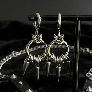 Oufer 2Pcs Linked Chain Funky Spike Dangle Hoop Earrings for Casual Wear Unique Fun Accessories Classic Versatile Style