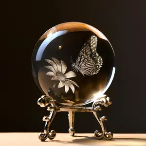 3D Butterfly Crystal Ball 60mm Gifts Ideas for Girlfriend Wife Mom Couple Her Butterfly on Sunflower in Glass Ball with Stand Flower Sphere Novelty Home Decor
