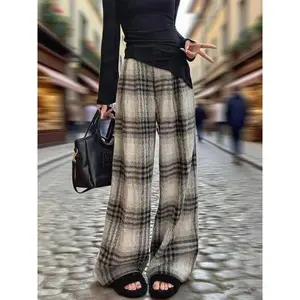 Velvet Plaid Wide Leg Pants, Casual Loose Fit Long Trousers, Perfect for Autumn & Winter Seasons, Comfortable Daily Wear