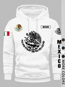 Unisex Mexican Coat of Arms Print Hoodie, Street Style Casual Fitted Long Sleeve, Comfortable Fabric, Cultural Inspired Design, Fall & Winter