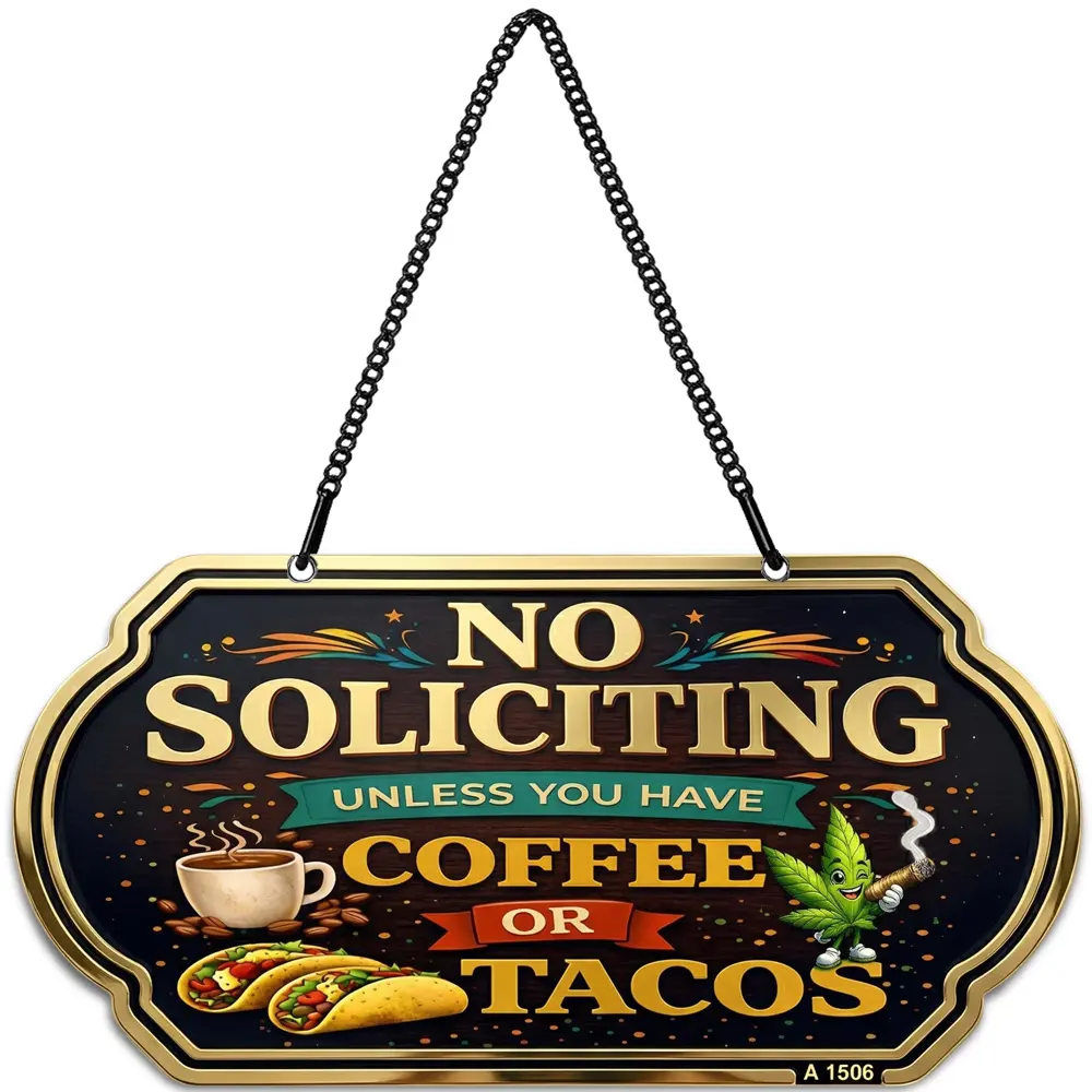 Funny No Soliciting Sign for Front Door, 10 x 5 Inch Aluminum Metal Hanging Door Sign with Chain, UV Printed Weatherproof No Soliciting Door Sign, Coffee or Tacos Porch Decor Plaque