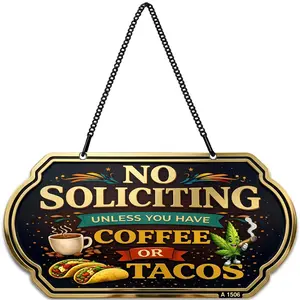 Funny No Soliciting Sign for Front Door, 10 x 5 Inch Aluminum Metal Hanging Door Sign with Chain, UV Printed Weatherproof No Soliciting Door Sign, Coffee or Tacos Porch Decor Plaque