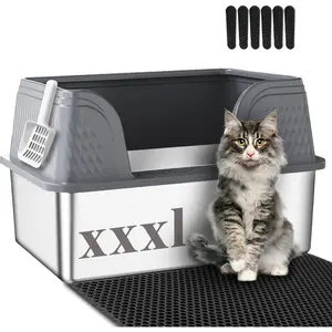 XXXL Stainless Steel Litter Box with High Sided Deep Side Entry Deep  Metal Litter Box Included Mat & Scoop Anti- Leakage  Litter Boxes for Big Cats (Grey XXXL)