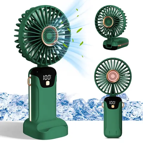 Multifunctional Cooling Portable Fan - 3200mAh Rechargeable USB Wireless, 5 Speeds Digital Display, 180°Foldable 3in1 Handheld/Neck/Desk, 145g Women's Makeup Fan with Base, 20-24h Max Run, Ultra Quiet, LED Light, Sleep Aid (Green) [Mid-Year Sale, Restock]