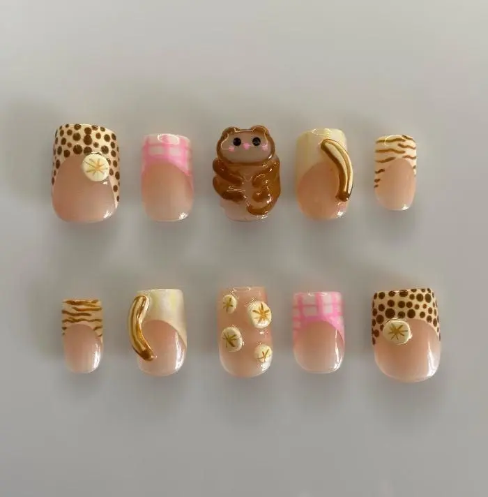 Cute Bear Press On Nails, 3D Bear Nail Art, Brown Pink Kawaii Nails, Short Square Handmade Nails, Cute Cartoon Press On Nail Set