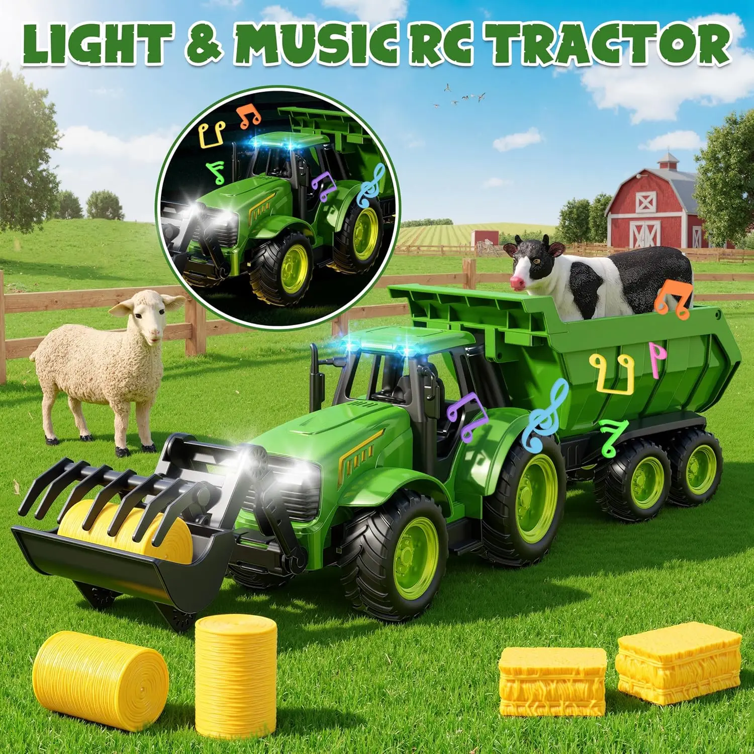 RC Farm Tractor Toy w/Light & Music, Kid Truck Toy w/Front Loader & Farm Animal, 2.4GHz RC Tractor Trailer Car Vehicle Toy for Boy Girl Age 3 4 5 6 7+ Year Old Christmas Birthday Gift (Green)