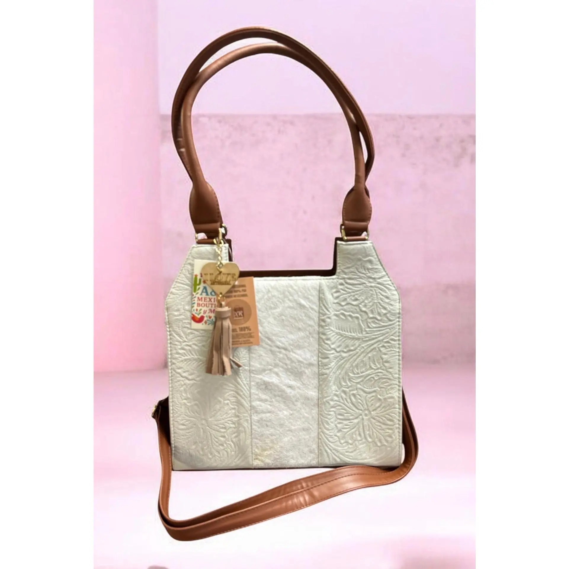 Women's Artisan Embossed Leather Crossbody Bag - White Tooled Satchel with Natural Fur, Tassel and Adjustable Shoulder Strap
