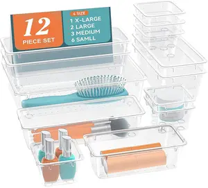 12-Piece Drawer Organizer Set, 4 Sizes Clear Plastic Makeup Vanity Organizer for Makeup, Stationery, Gadgets, Kitchen, Bathroom, Office, Bedroom