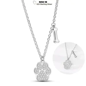 Pet Cat Dog Paw Print Bone Necklace 925 Sterling Silver C Zircon Cute Pet Charms Pendant Original For Women Anniversary Jewelry