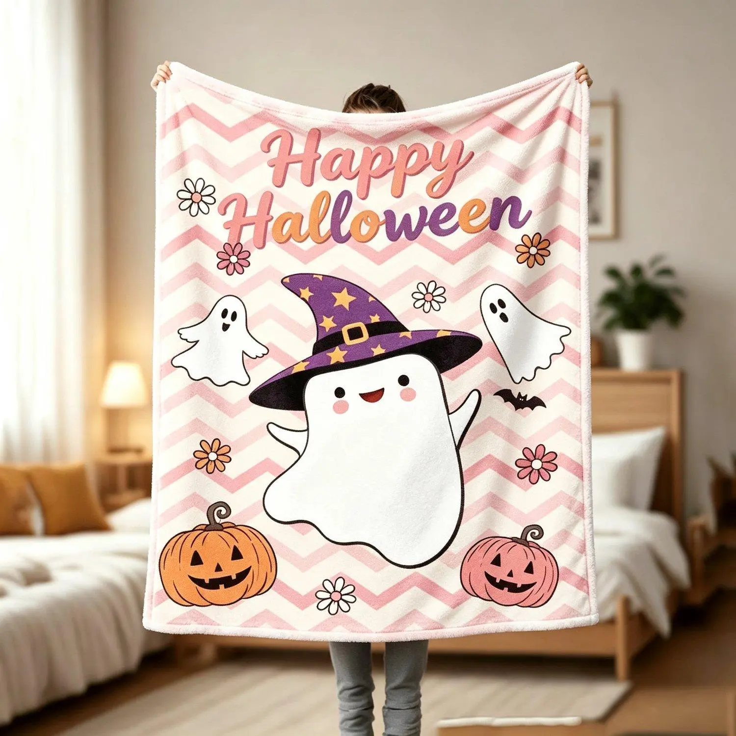 Cute Pastel Pink Happy Halloween Throw Blanket, Cartoon Ghost Witch Hat Pumpkin Daisy Pattern Flannel Blanket, Spooky Cute Halloween Home Decor Blanket, Cozy Holiday Gift For Girls Women