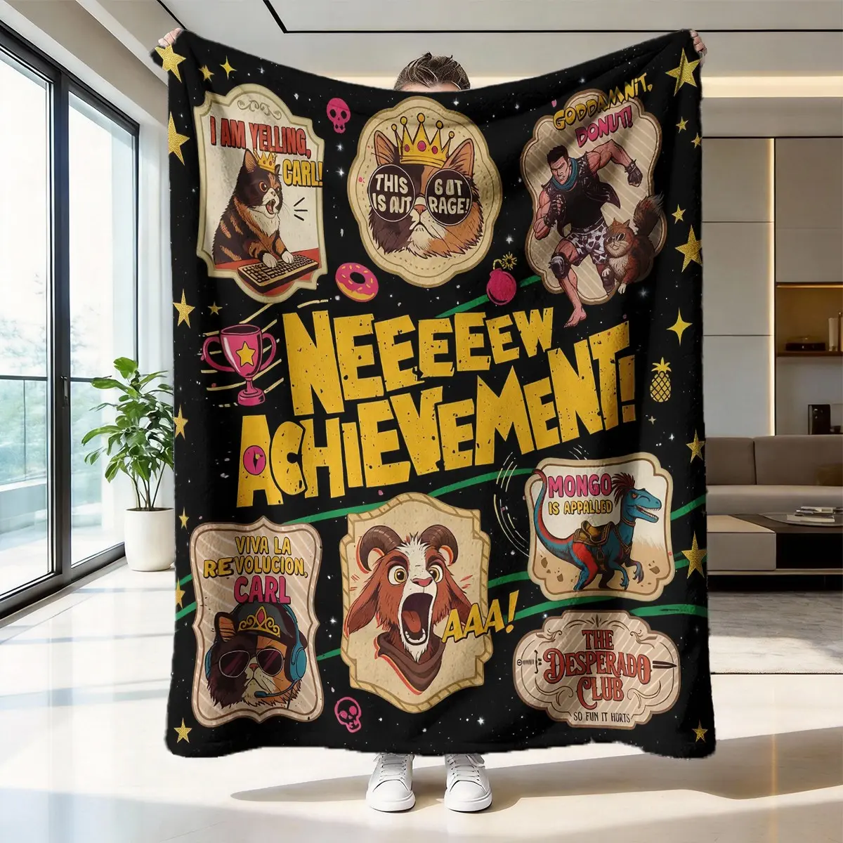 Funny Achievement Unlock Cartoon Throw Blanket, High-Weight Flannel Fabric, Soft and Warm, Anti-Wrinkle, Easy Clean, Perfect Gift for Gamers, Soft Comfy Blanket, Cartoon Printed Blanket