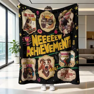 Funny Achievement Unlock Cartoon Throw Blanket, High-Weight Flannel Fabric, Soft and Warm, Anti-Wrinkle, Easy Clean, Perfect Gift for Gamers, Soft Comfy Blanket
