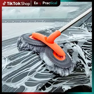 43'' Long handle car wash mop,Brush head 360° rotating,Detail cleaning,3X Fast Clean,Retractable aluminum alloy pole (durable),soft chenille material,Avoid scratching,Suitable for Car, RV, Truck, SUV and Home cleaning - Car Wash Accessories!