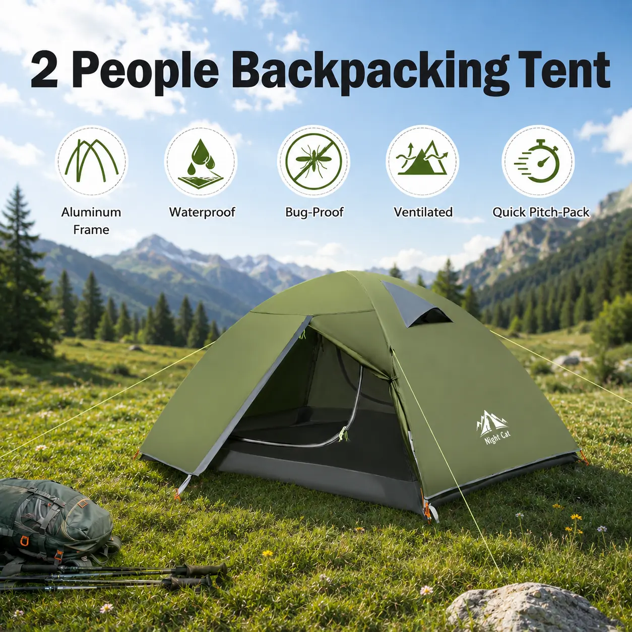 Night Cat 2-Person Camping Tent, Lightweight 4-Season Double Layer Shelter with Aluminum Poles, Wind Resistant and Waterproof for Backpacking, Waterproof Camping Tent, Wind Resistant Tent