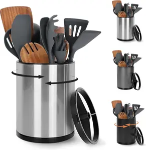 Extra Large Kitchen Utensil Holder 360° Rotating Stainless Steel 3 Compartment Flatware Organizer for Countertop Silver - Cutlery, Tableware