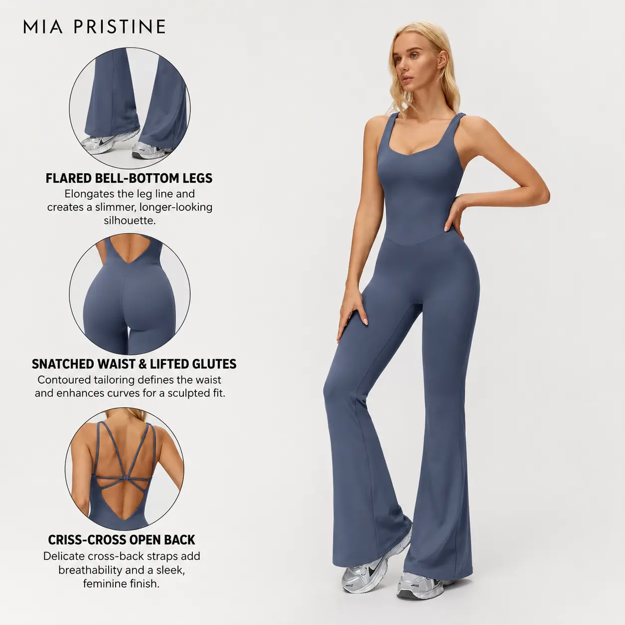MIA PRISTINE Women's Backless Halter Lightweight Padded Sleeveless Sports Jumpsuit - Criss-Cross Open Back, Flared Wide Leg Pant, Removable Pads, Long Length, Sporty Chic Yoga Gym Activewear, Lightweight Sports Jumpsuit