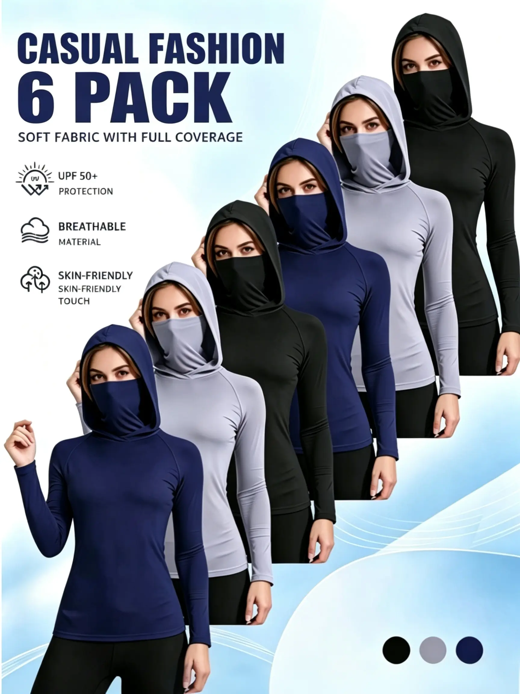 Women's 6 Pack Performance Hooded Long Sleeve Tops with Built-in Face Mask, UPF 50+ Sun Protection Lightweight Quick Dry Moisture Wicking Compression Athletic Shirts for Fishing Running Fitness Construction Hiking All Outdoor Activities