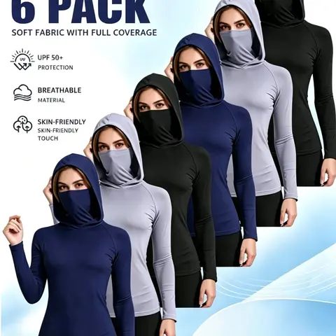 Women's 6-Pack Fitted Plain Performance Hooded Long Sleeve Compression Shirts - Built-in Face Mask, UPF 50+ Sun Protection, High-Stretch Lightweight Quick Dry Breathable Construction, All Seasons Workout Hoodies for Fishing Hiking, Full Coverage