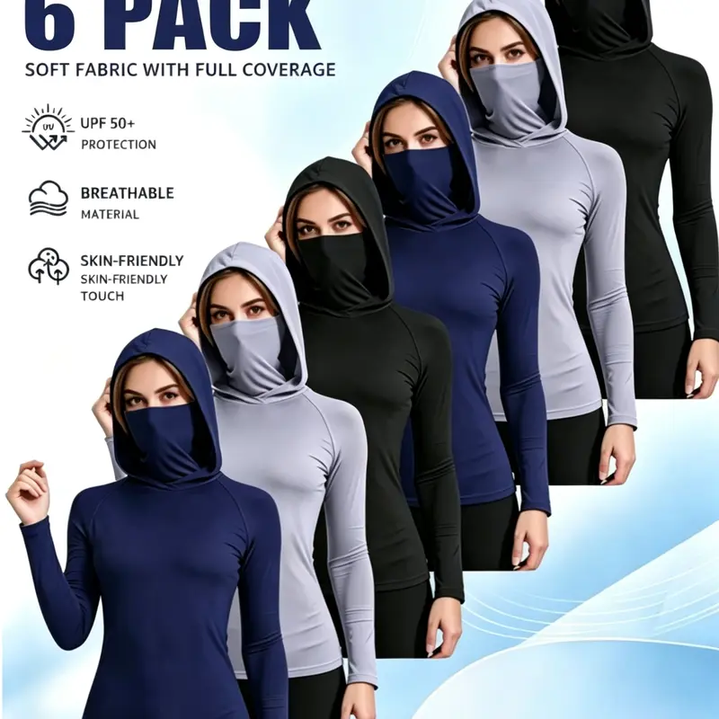 Women's 6-Pack Fitted Plain Performance Hooded Long Sleeve Compression Shirts - Built-in Face Mask, UPF 50+ Sun Protection, High-Stretch Lightweight Quick Dry Breathable Construction, All Seasons Workout Hoodies for Fishing Hiking, Full Coverage