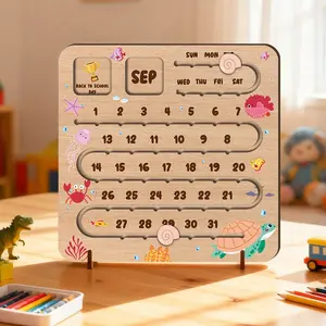 Multi layered Sliding Design Wooden Calendar, Featuring 12 Months and Important Festival Logos, underwater world Calendar Board, Interactive Daily Calendar Board for Home & Office Decor