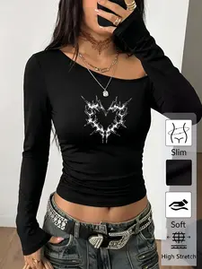 Y2K Gothic Asymmetrical Neck Long Sleeve Top Women, Slim Fit Heart Print Crop Top, Dark Aesthetic Edgy Streetwear, High Stretch Soft Fitted Tee, For Y2K Outfits, Gothic Fashion, Daily Wear #springsaledeals2026 #summeroutfits #tiktokshopmademebuyit
